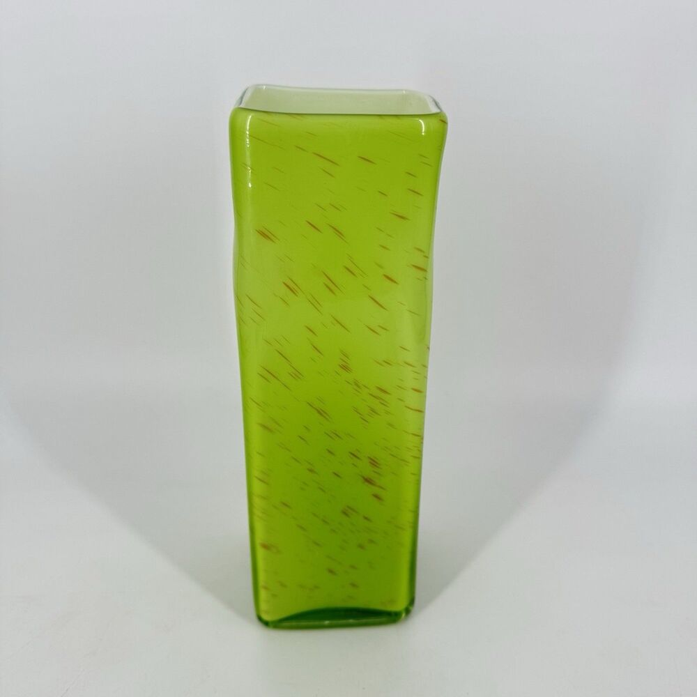 Tall Green Art Glass Vase Hand Blown Style Square Modern Speckled 9.75” - Picture 8 of 10
